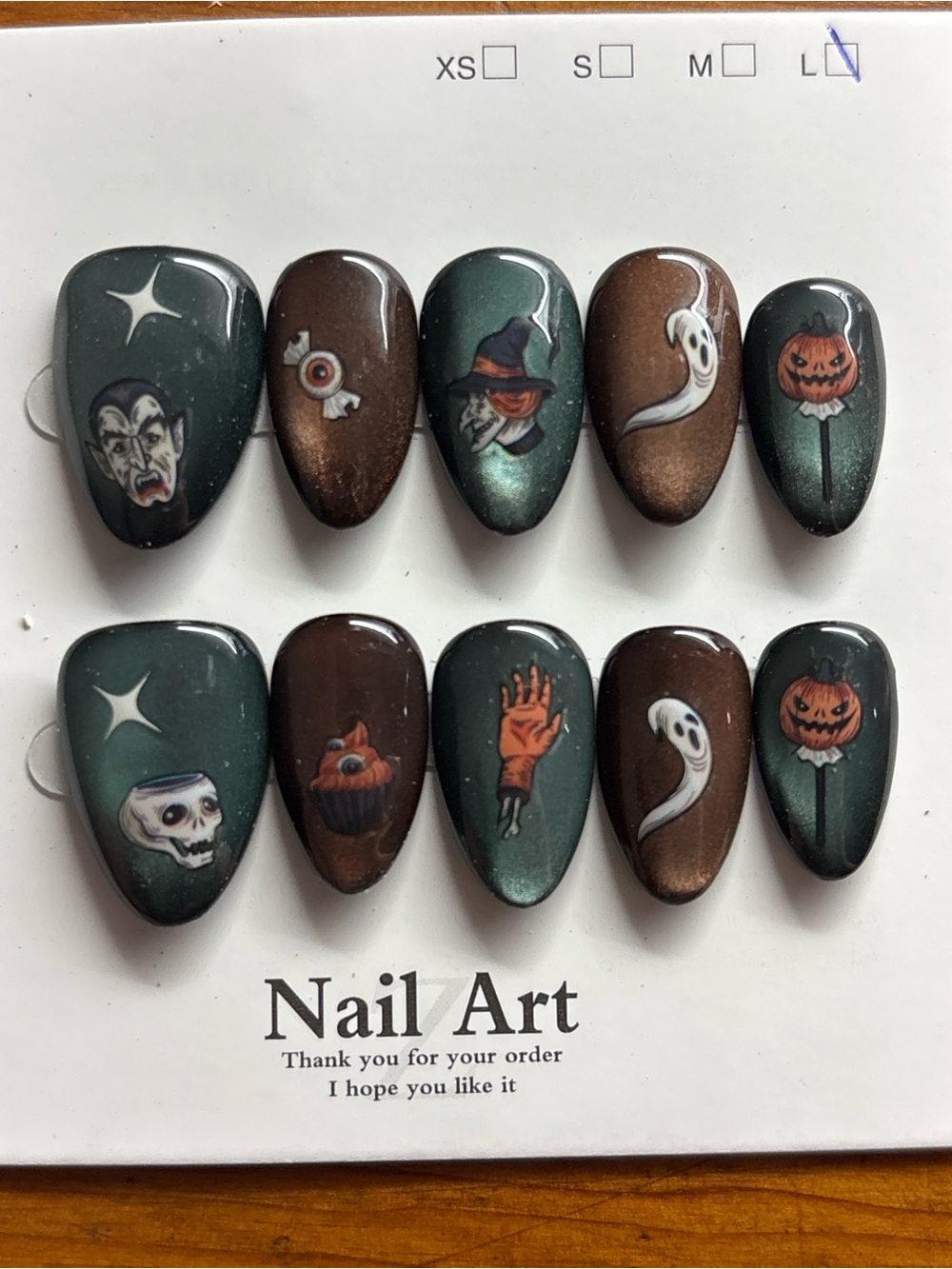 Halloween Press-On Nails - Green & Brown Spooky Nail Art